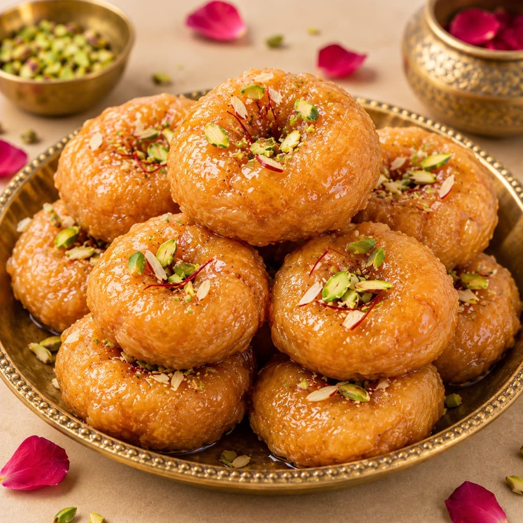 Balu Shahi with pistachios on a brass plate