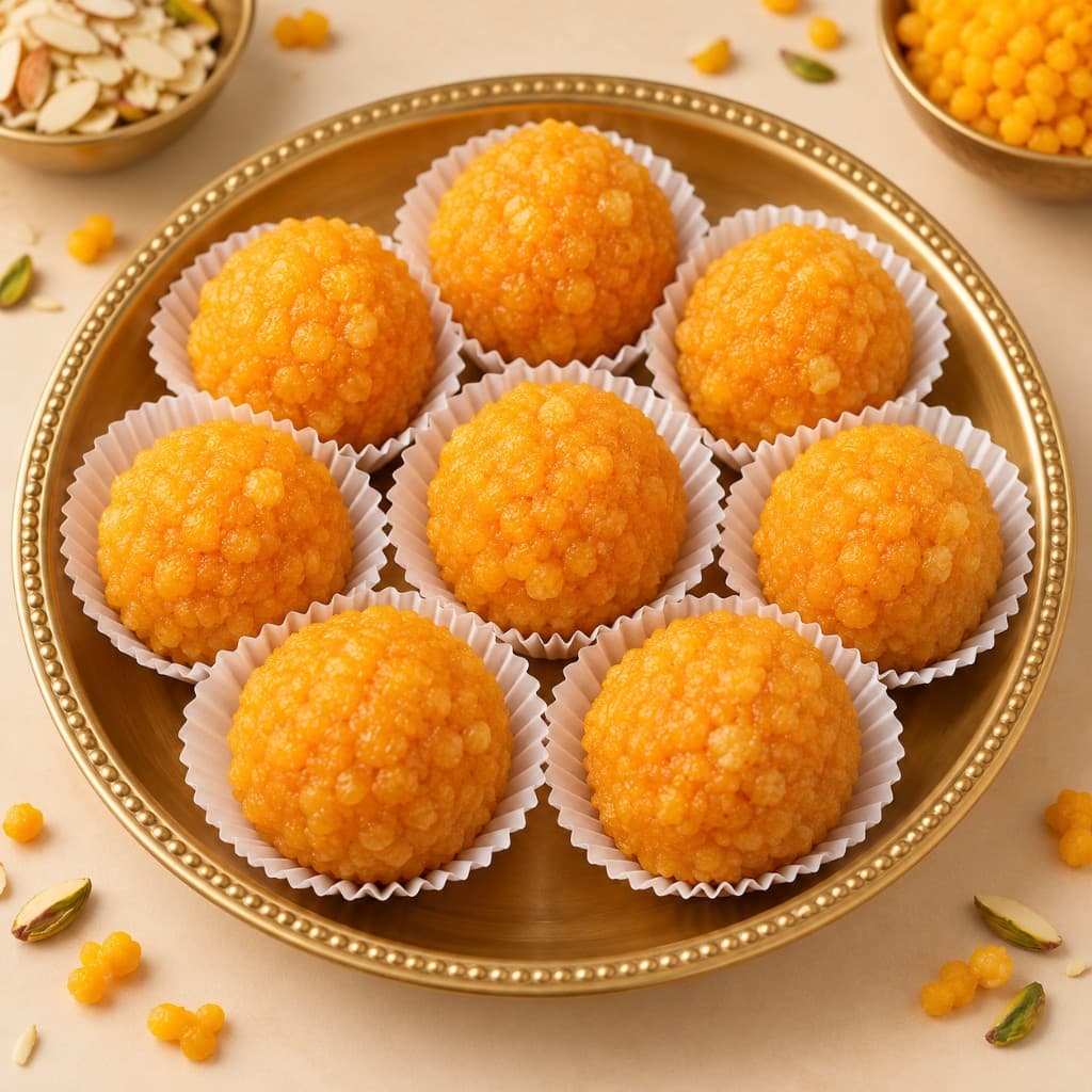 Boondi Laddu in paper cups on a brass plate