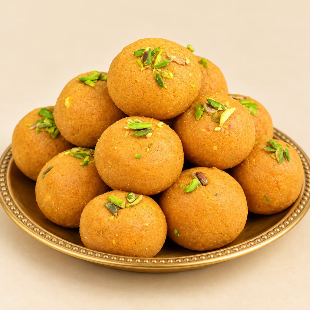 Desi Ghee Besan Laddu piled on a brass plate