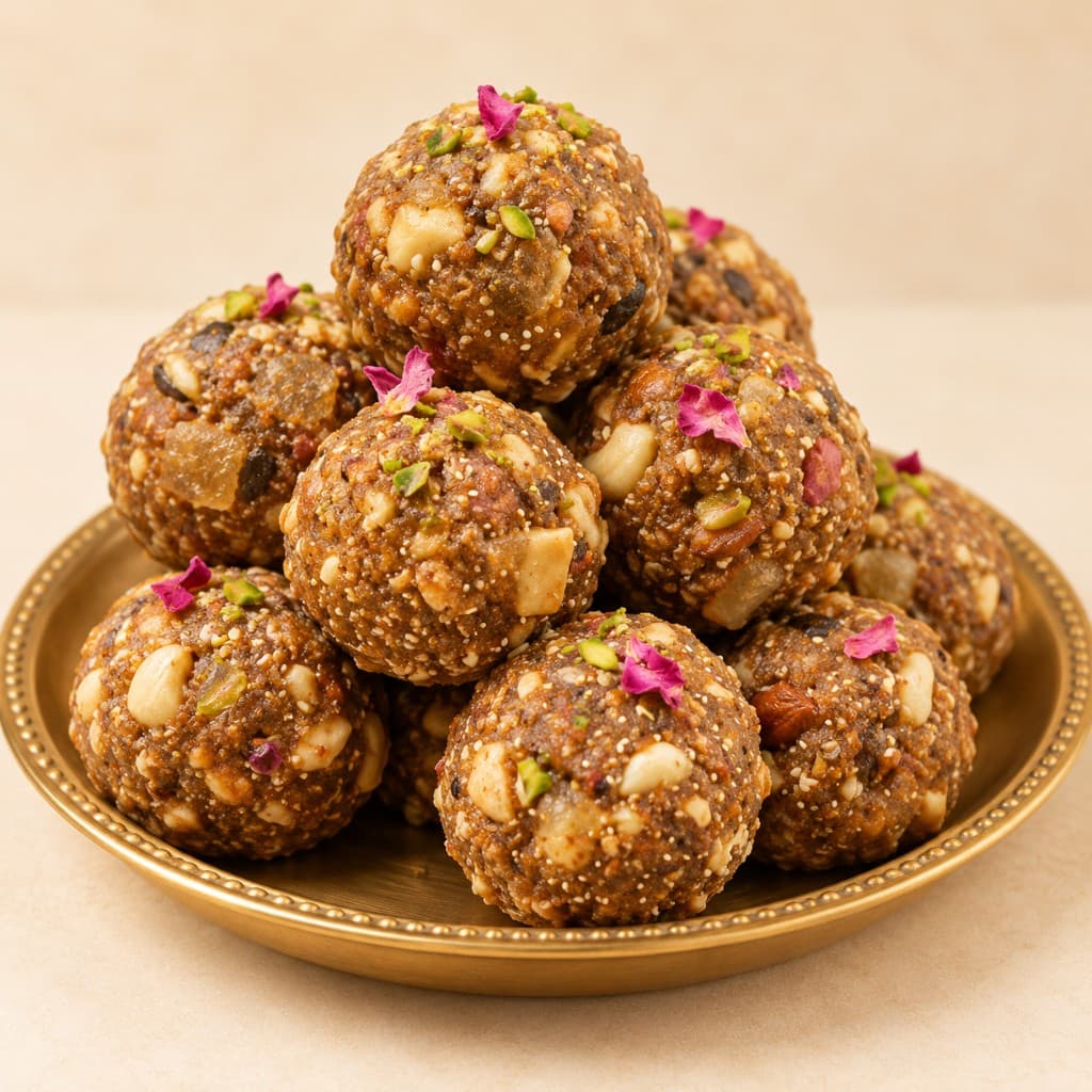 Gond Pak Laddu with nuts and rose petals on a brass plate