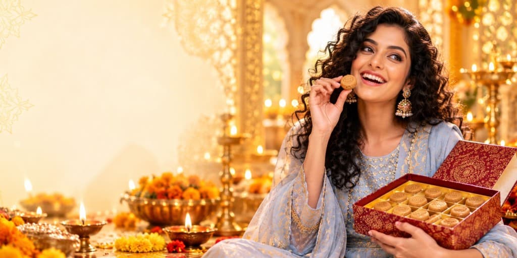 A woman tasting a peda while holding a Sohan Peda gift box, with diyas and marigolds.