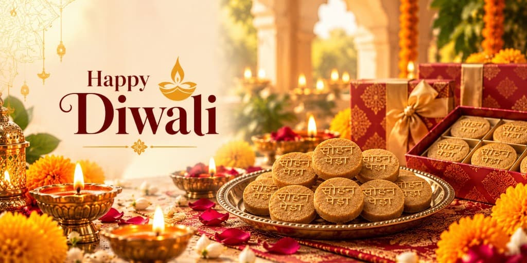 Happy Diwali. A plate of Sohan Peda with a gift box, diyas, and marigolds.