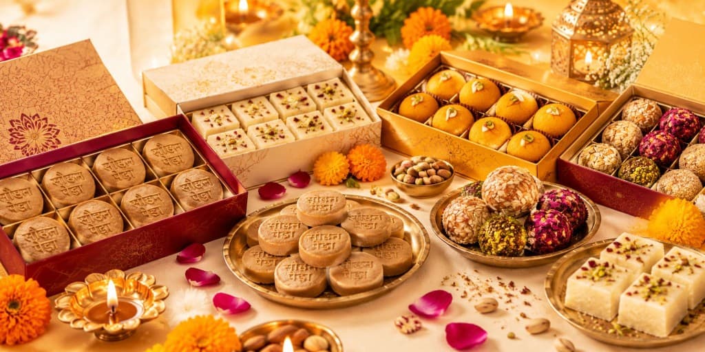A Diwali table of Sohan Peda, gift boxes, laddus, and other sweets with marigolds and a diya.