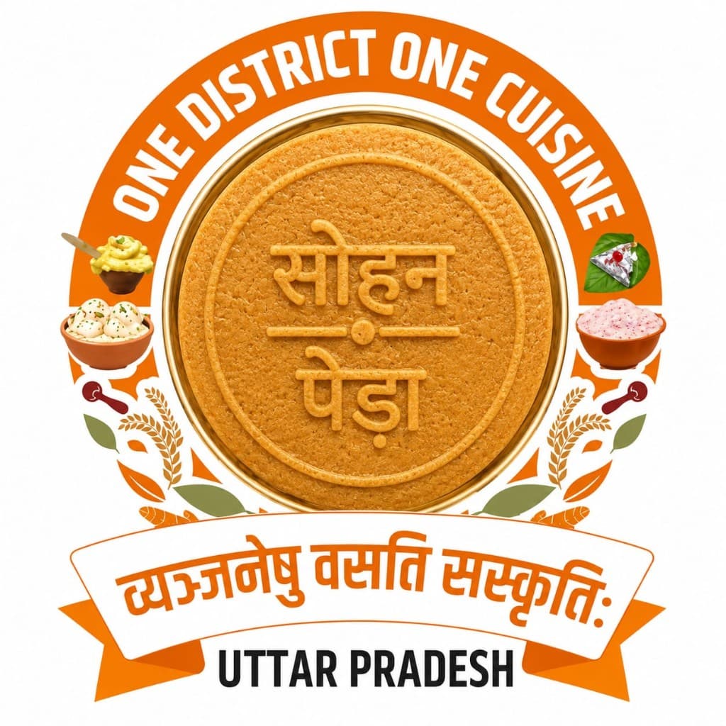 One District One Cuisine emblem with a Sohan Peda sweet and the words Uttar Pradesh.