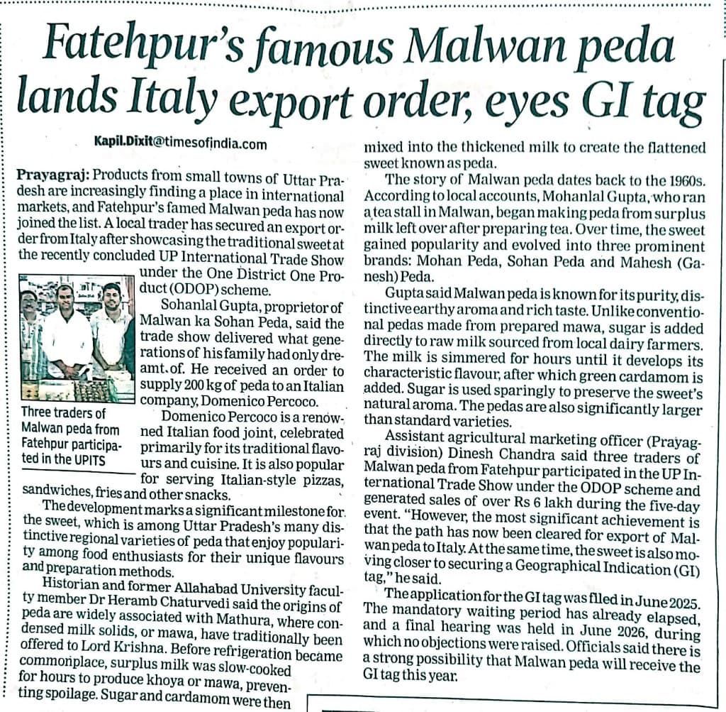 Times of India clipping, “Fatehpur’s famous Malwan peda lands Italy export order, eyes GI tag,” by Kapil Dixit.