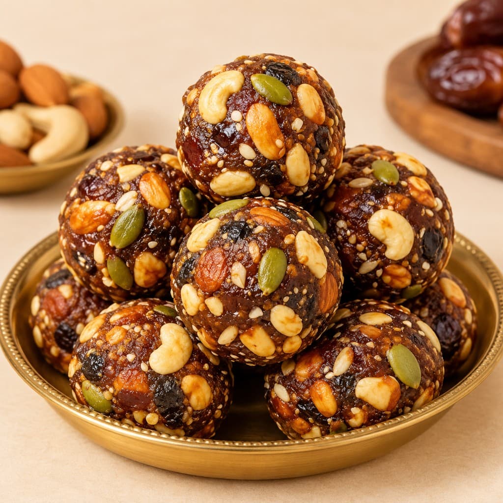 Khajur Laddu with nuts and seeds on a brass plate