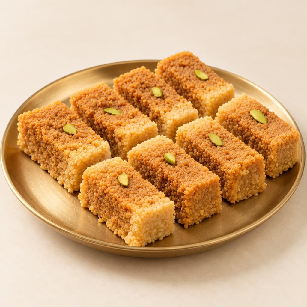 Milk Cake pieces with pistachio on a brass plate
